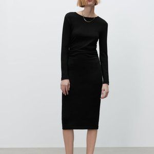 Zara women's dress Large gathered midi long sleeve black dress 4174/161 nwt